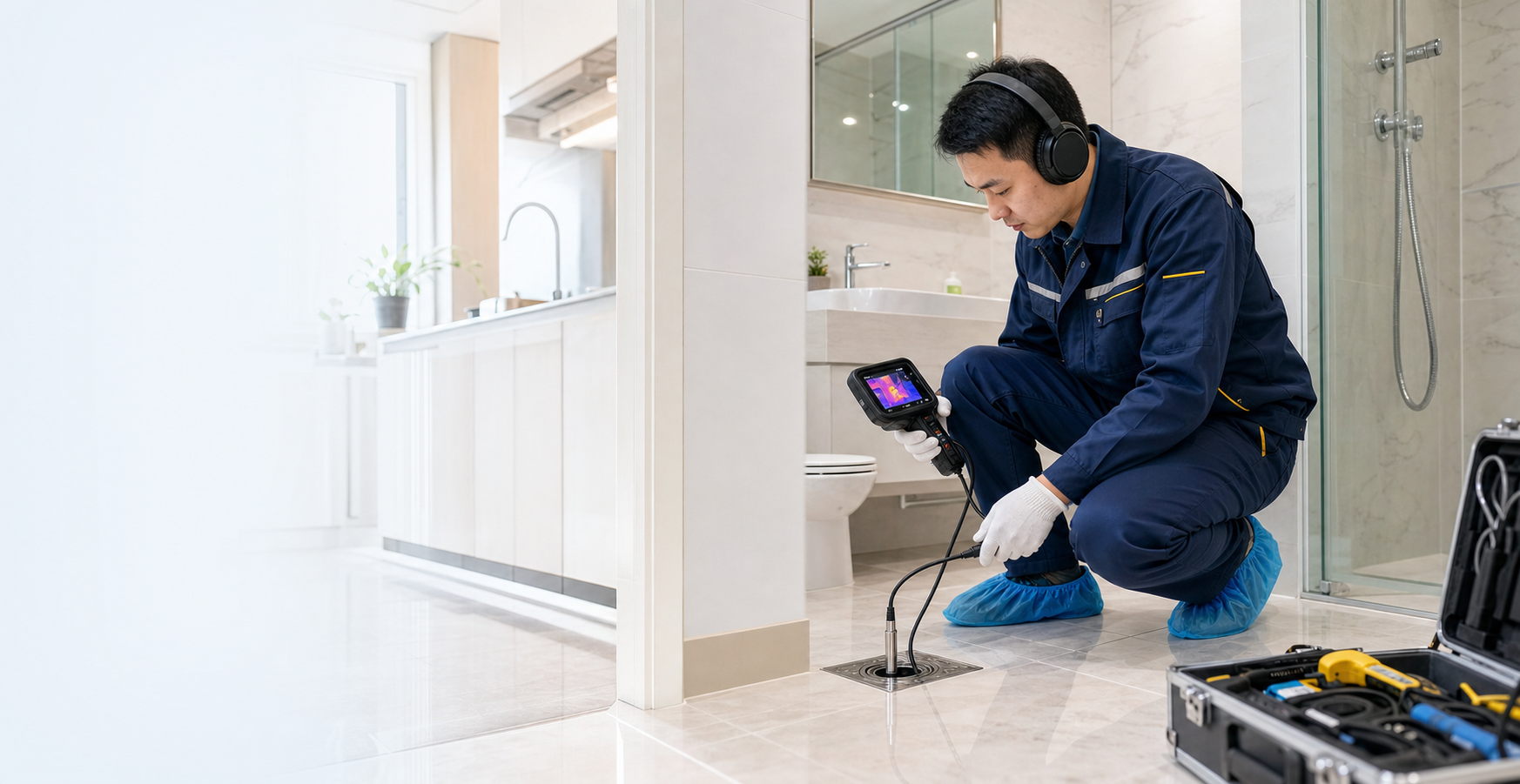 师傅使用专业仪器检测卫生间暗埋管道漏水点